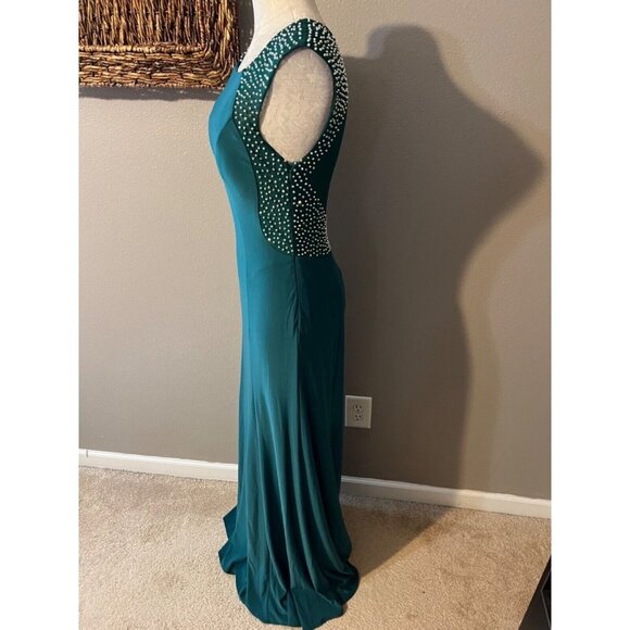Jackie Jon Dress Emerald Green Silver 8 Stud Stretch Maxi Formal Party Event - Picture 11 of 11